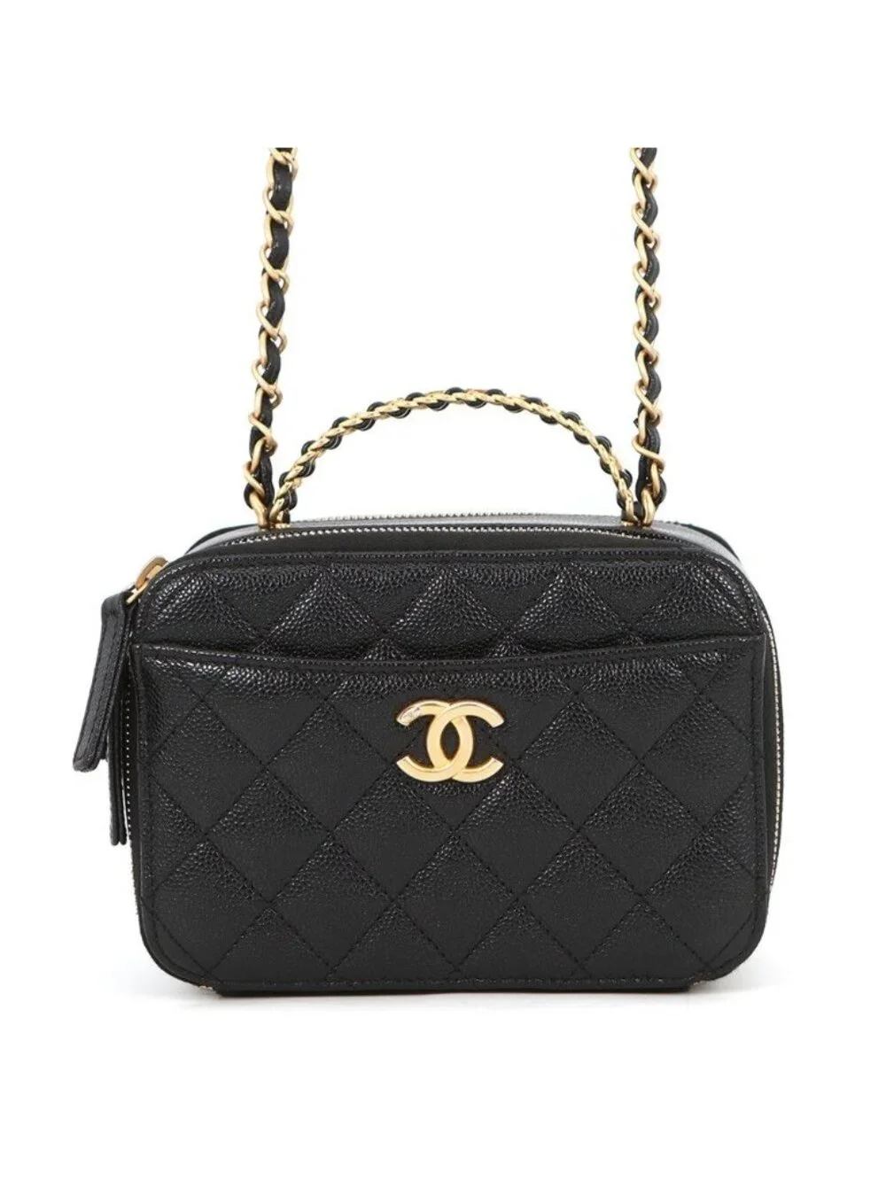 Chanel Chain Shoulder Bag CC Logo Quilted Vanity Top Handle Caviar Leather Black